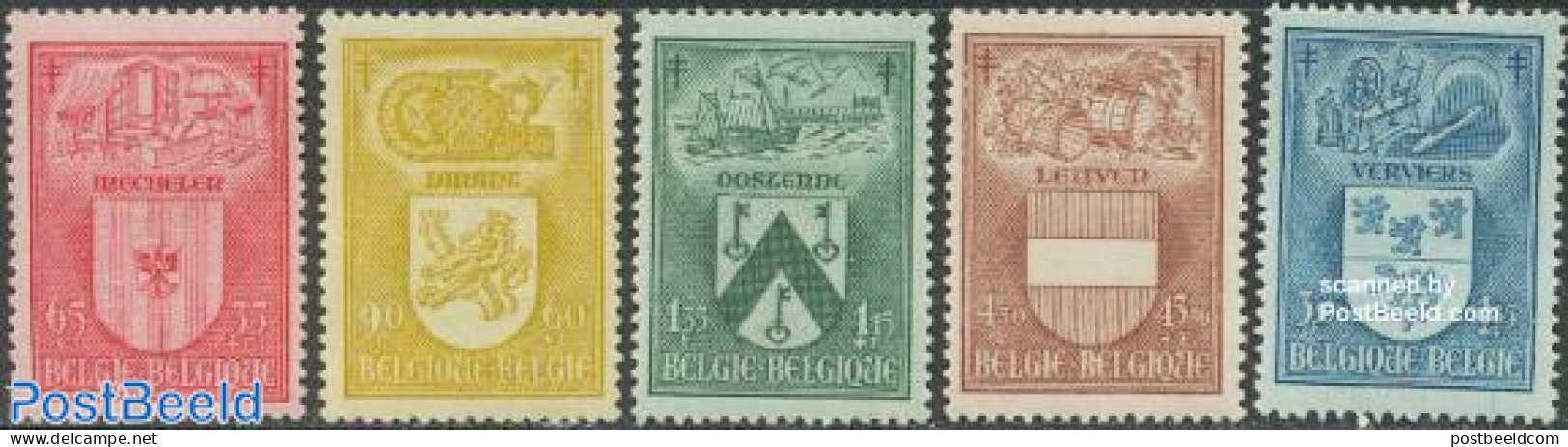 Belgium 1946 City Coat Of Arms 5v, Unused (hinged), History - Transport - Various - Coat Of Arms - Ships And Boats - T.. - Ongebruikt