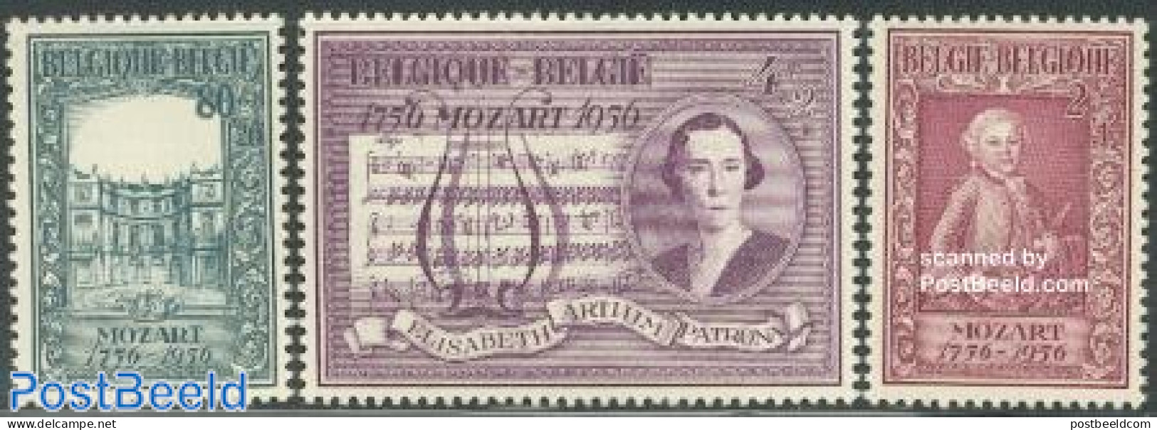 Belgium 1956 Mozart 3v, Unused (hinged), Performance Art - Amadeus Mozart - Music - Staves - Ongebruikt