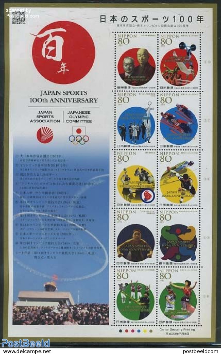 Japan 2011 Japan Sports 100th Anniversary 10v M/s, Mint NH, Nature - Sport - Horses - Baseball - Gymnastics - Handball.. - Neufs