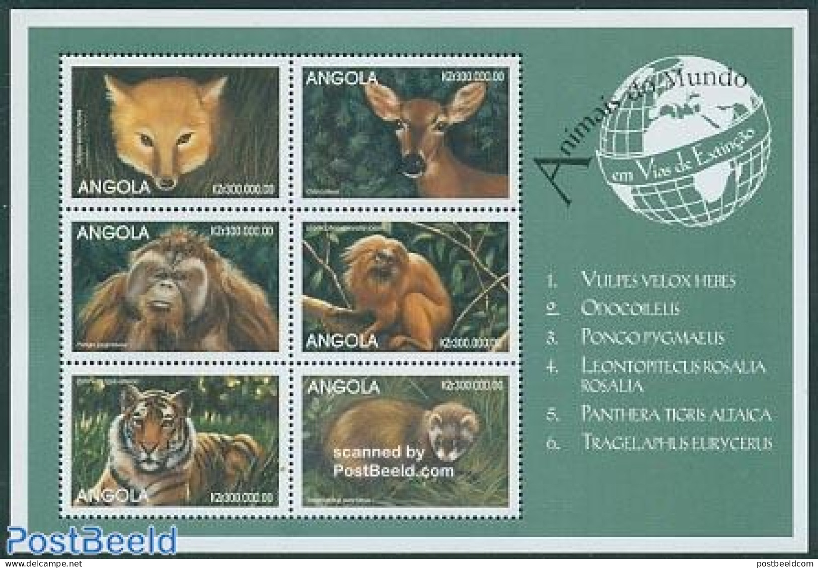 Angola 1999 Animals 6v M/s, Vulpus Velox Hebes, Mint NH, Nature - Animals (others & Mixed) - Cat Family - Monkeys - Angola