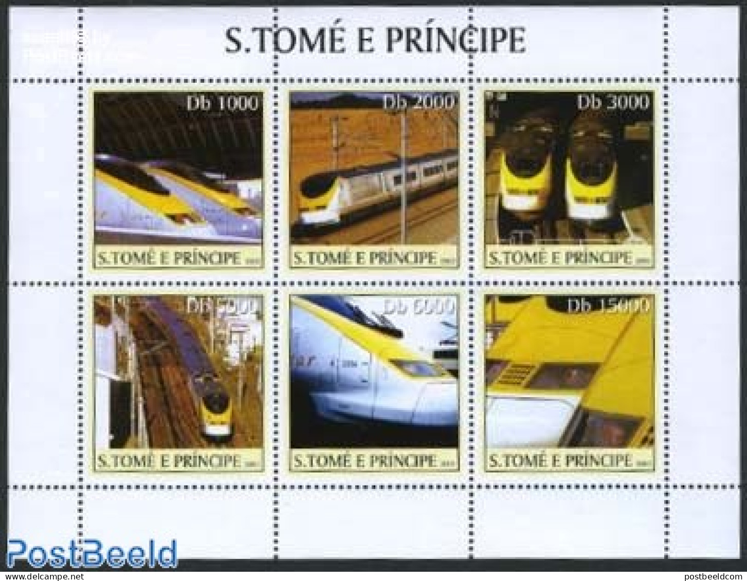 Sao Tome/Principe 2003 Railways, Eurostar 6v M/s, Mint NH, Transport - Railways - Eisenbahnen