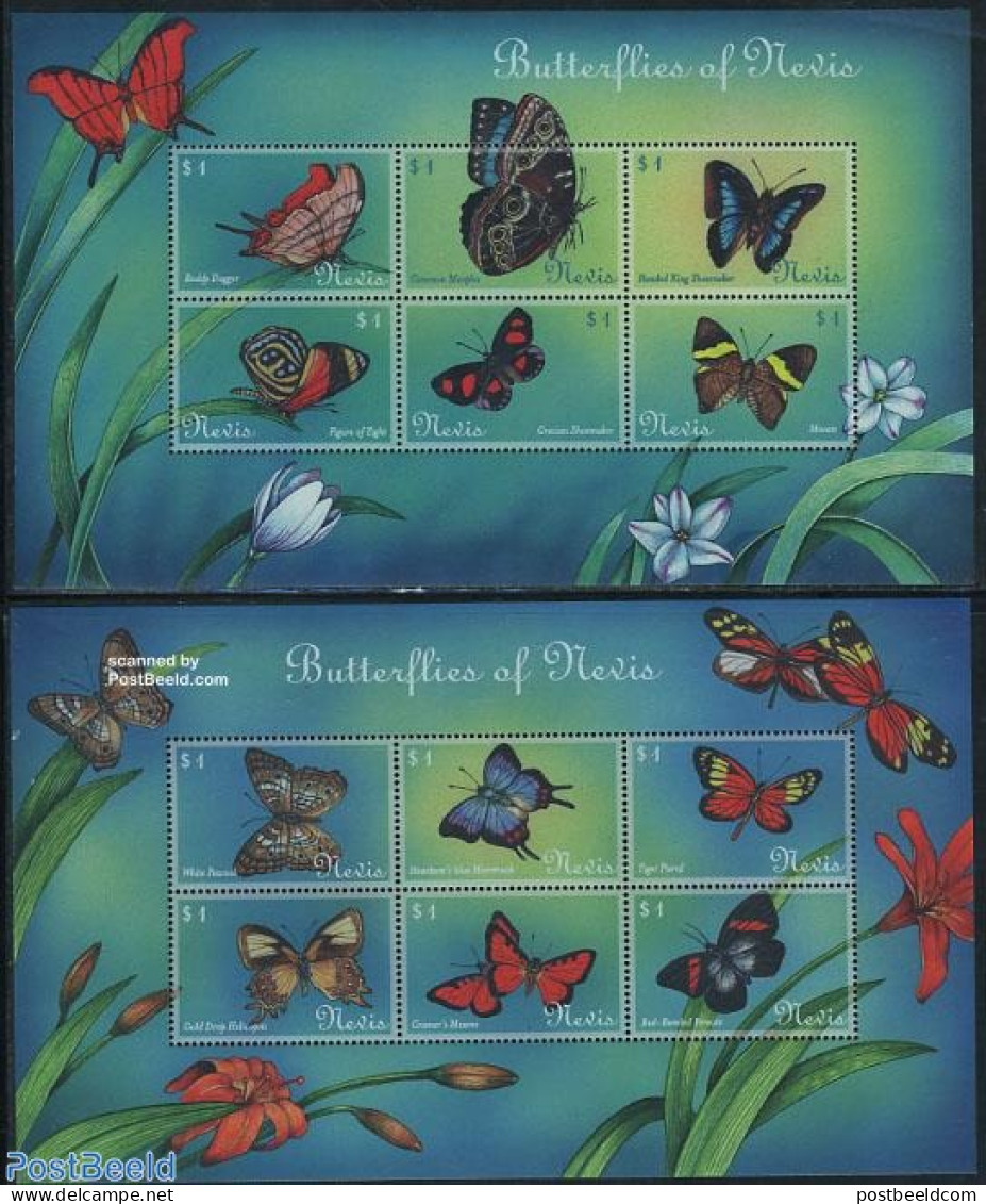 Nevis 2000 Butterflies 2x6v M/s, Mint NH, Nature - Butterflies - St.Kitts Und Nevis ( 1983-...)