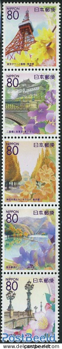 Japan 2007 Tourist Attractions In Tokyo 5v [::::], Mint NH, Nature - Various - Flowers & Plants - Tourism - Art - Brid.. - Nuovi