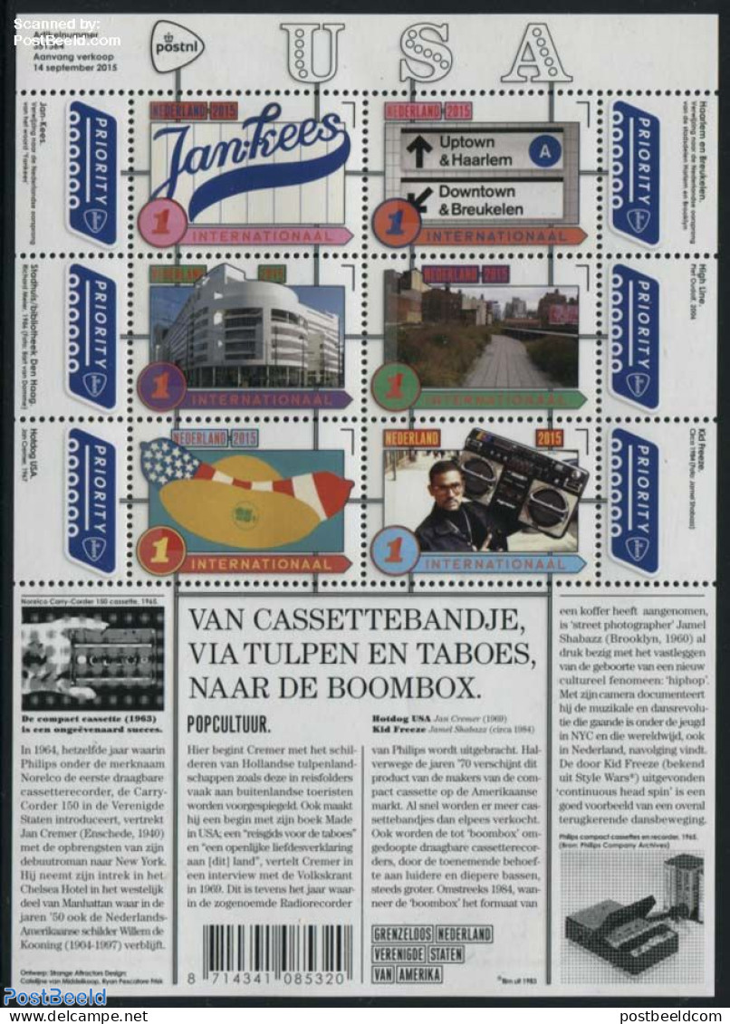 Netherlands 2015 Borderless Netherlands-USA 6v M/s, Popculture On Border, Mint NH, Performance Art - Music - Art - Mod.. - Unused Stamps