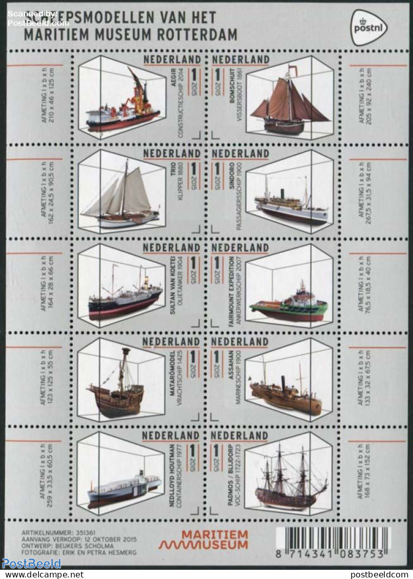 Netherlands 2015 Maritime Museum 10v M/s, Mint NH, Transport - Ships And Boats - Art - Museums - Unused Stamps