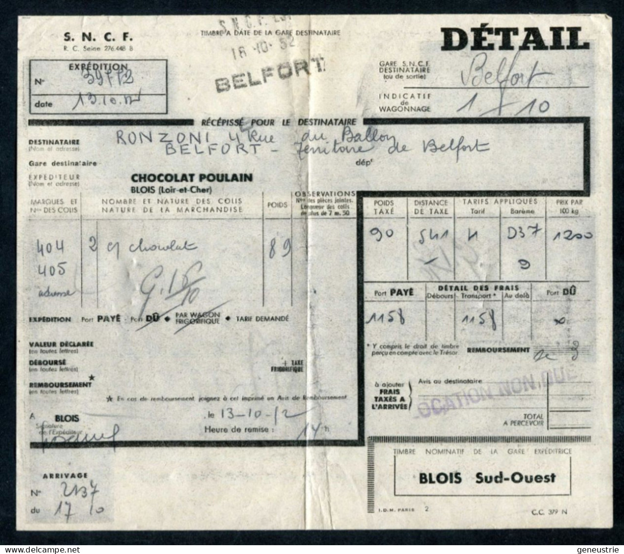 Lettre De Voiture De Roulage SNCF 1952 "De Blois à Belfort - Chocolat Poulain à Blois" Bill Of Lading - 1950 - ...