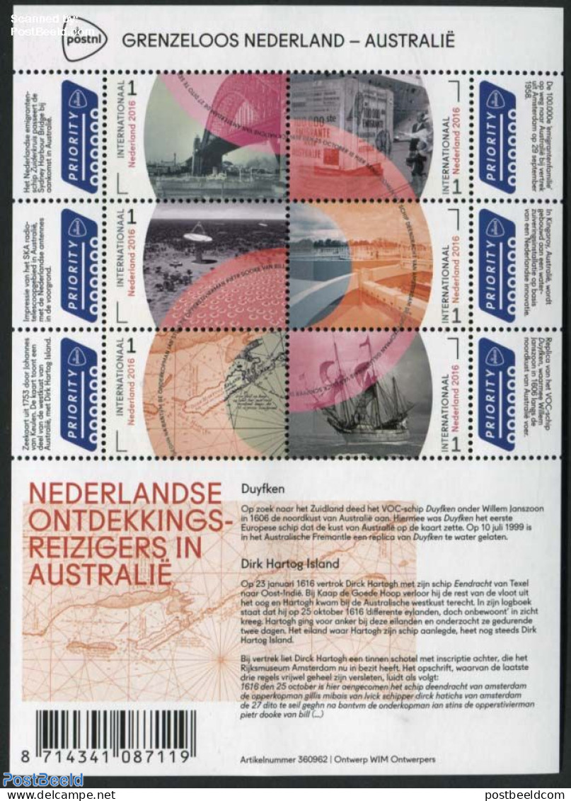 Netherlands 2016 Borderless Netherlands-Australia 6v M/s, Explorers On Border, Mint NH, History - Transport - Various .. - Nuovi