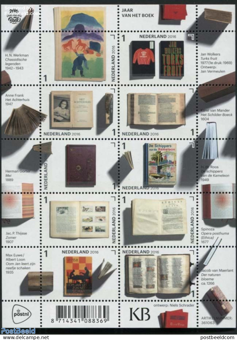 Netherlands 2016 Year Of The Book 10v M/s, Mint NH, History - Nature - Sport - World War II - Butterflies - Chess - Ar.. - Neufs