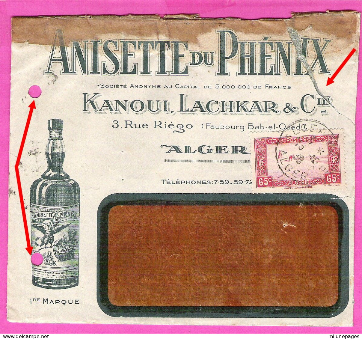 Enveloppe Illustrée Pour L'Anisette Du Phénix Kanoui, Lachkar & Cie à Alger En 1936 - Alimentos