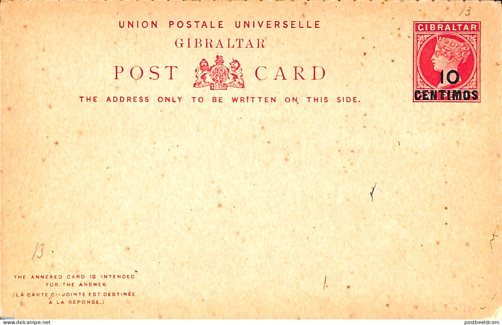 Gibraltar 1889 Reply Paid Postcard 10c/10c On 1d/1d, Unused Postal Stationary - Gibraltar