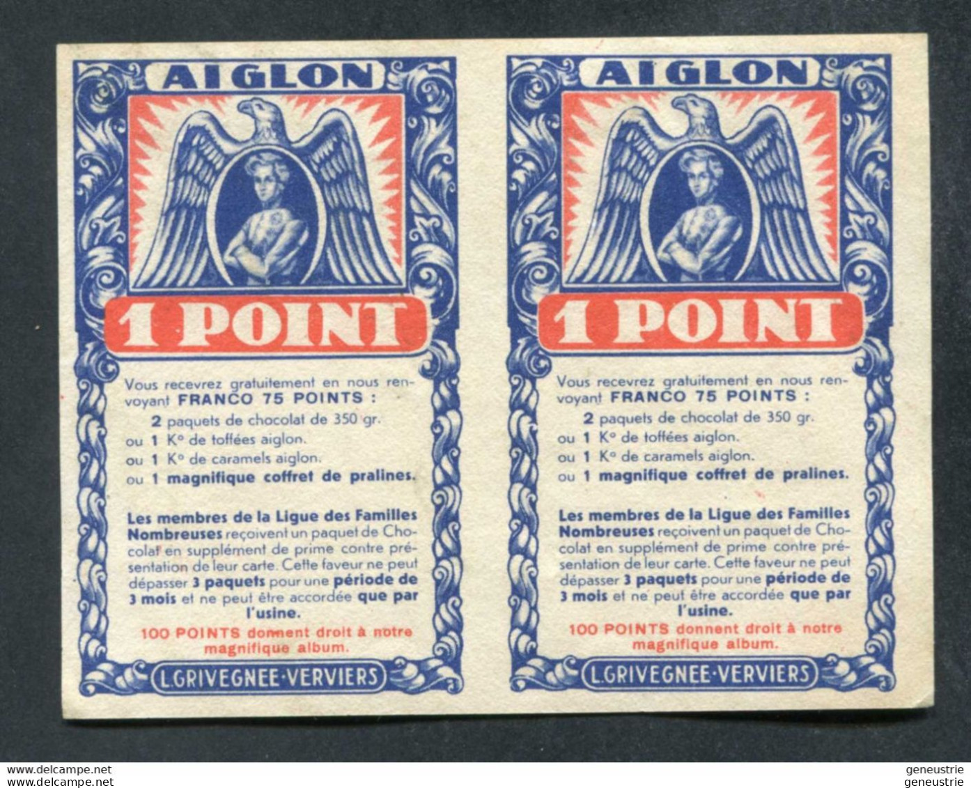 Bon Papier Promotionnel "Aiglon - 1 Point (x2) - Chocolats L. Grivegnée à Verviers - Belgique" - Noodgeld