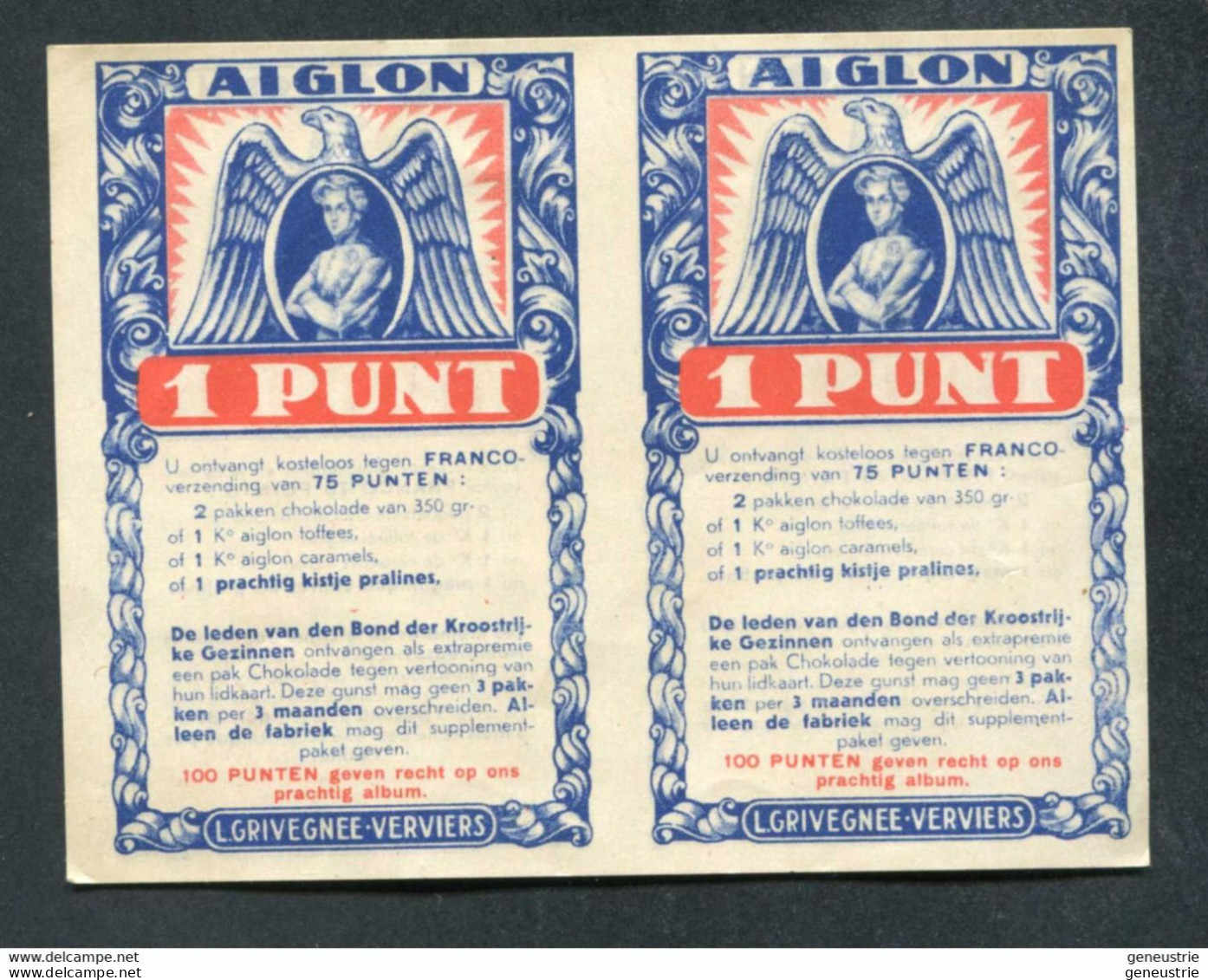 Bon Papier Promotionnel "Aiglon - 1 Point (x2) - Chocolats L. Grivegnée à Verviers - Belgique" - Monétaires / De Nécessité