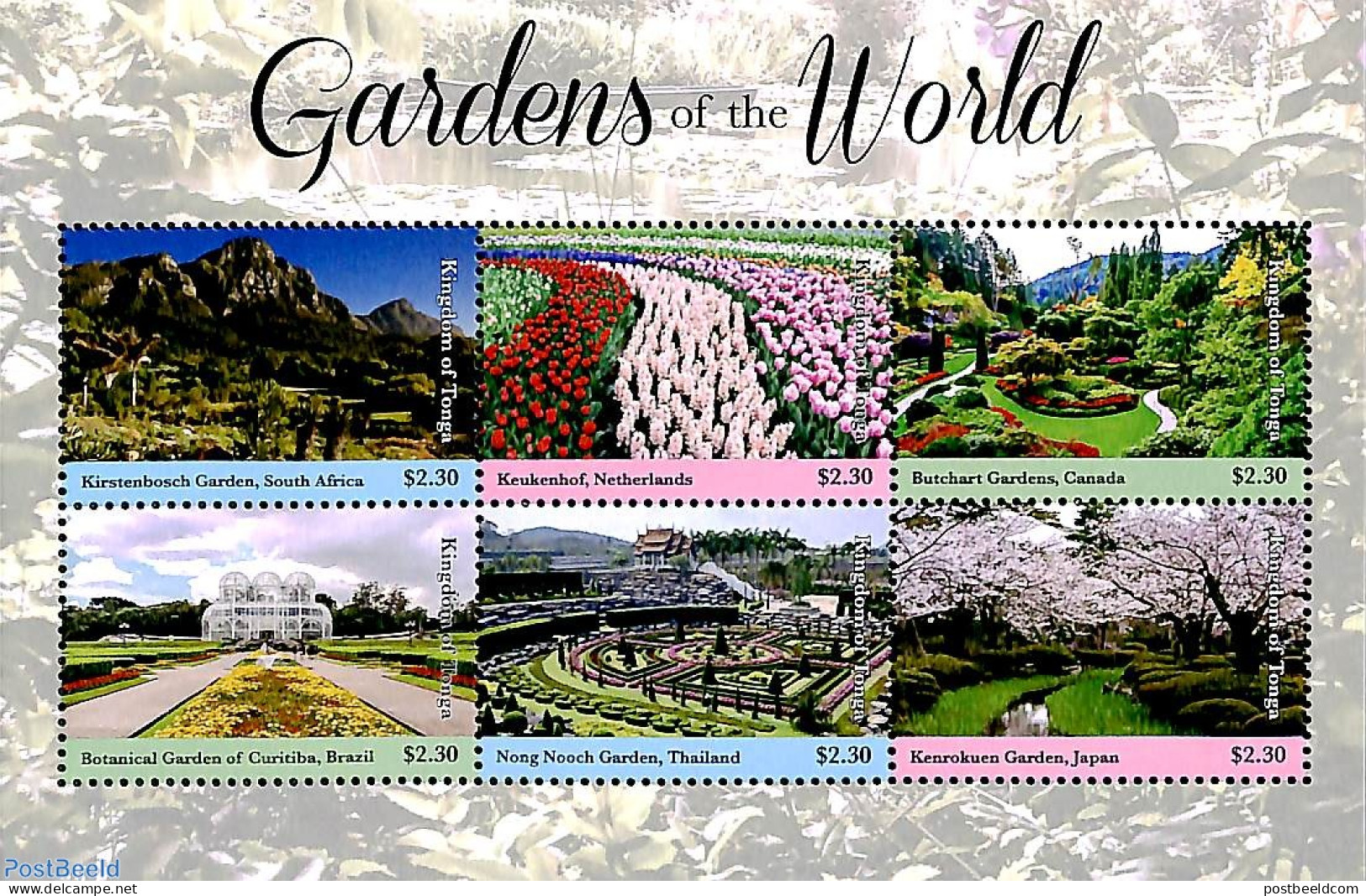 Tonga 2019 Gardens Of The World 6v M/s, Mint NH, Nature - Flowers & Plants - Gardens - Sonstige & Ohne Zuordnung