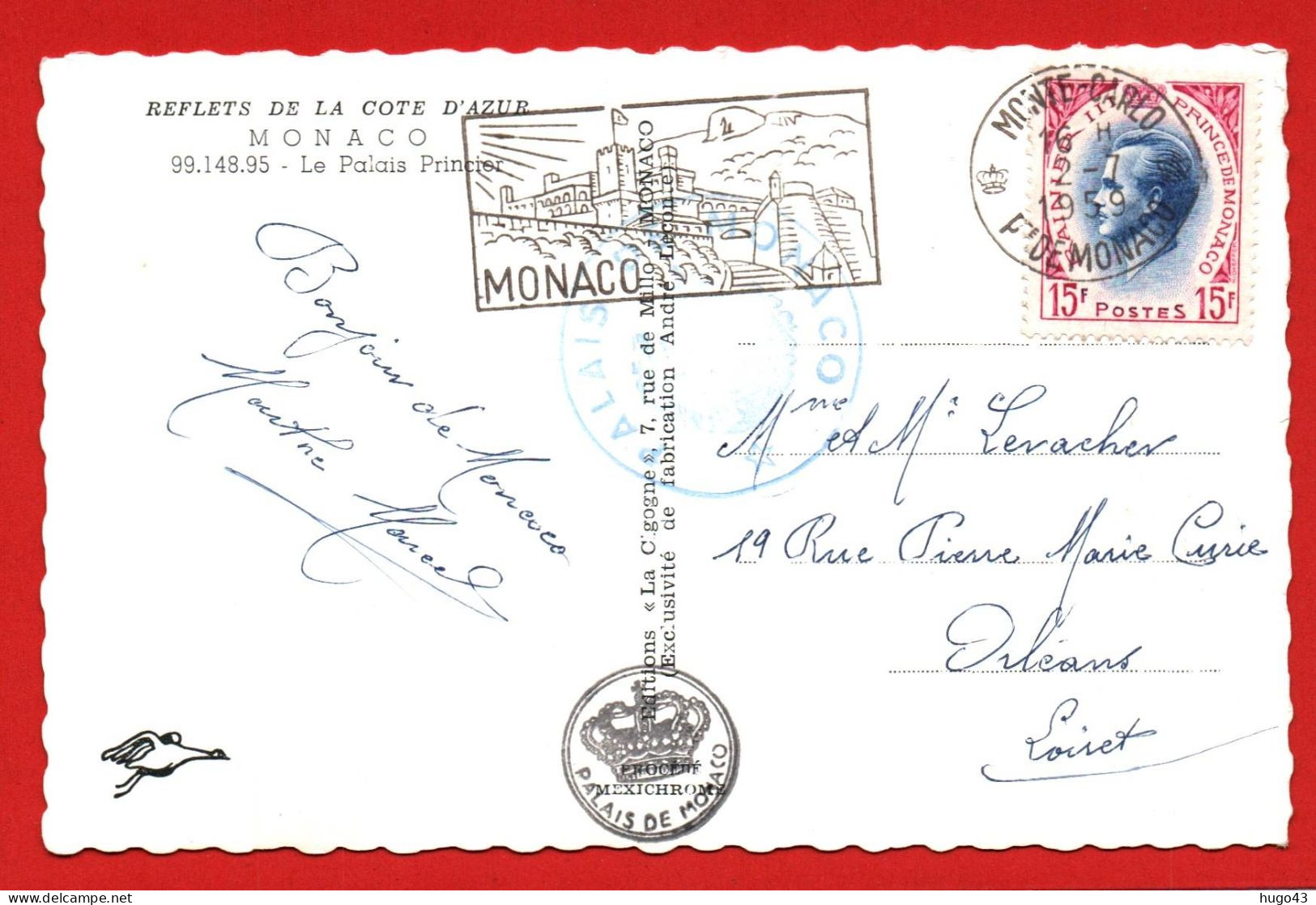 (RECTO / VERSO)  MONACO EN 1959 - LE PALAIS PRINCIER - BEAU TIMBRE ET FLAMME - CRAQUELURES - FORMAT CPA - Prince's Palace