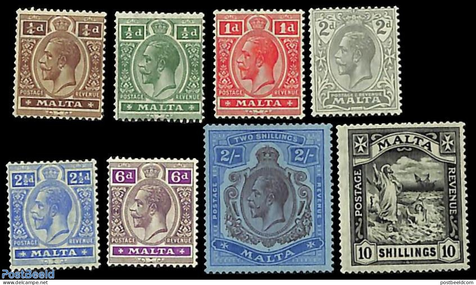 Malta 1921 Definitives, George VI, WM Script-CA, 8v, Unused (hinged) - Malta