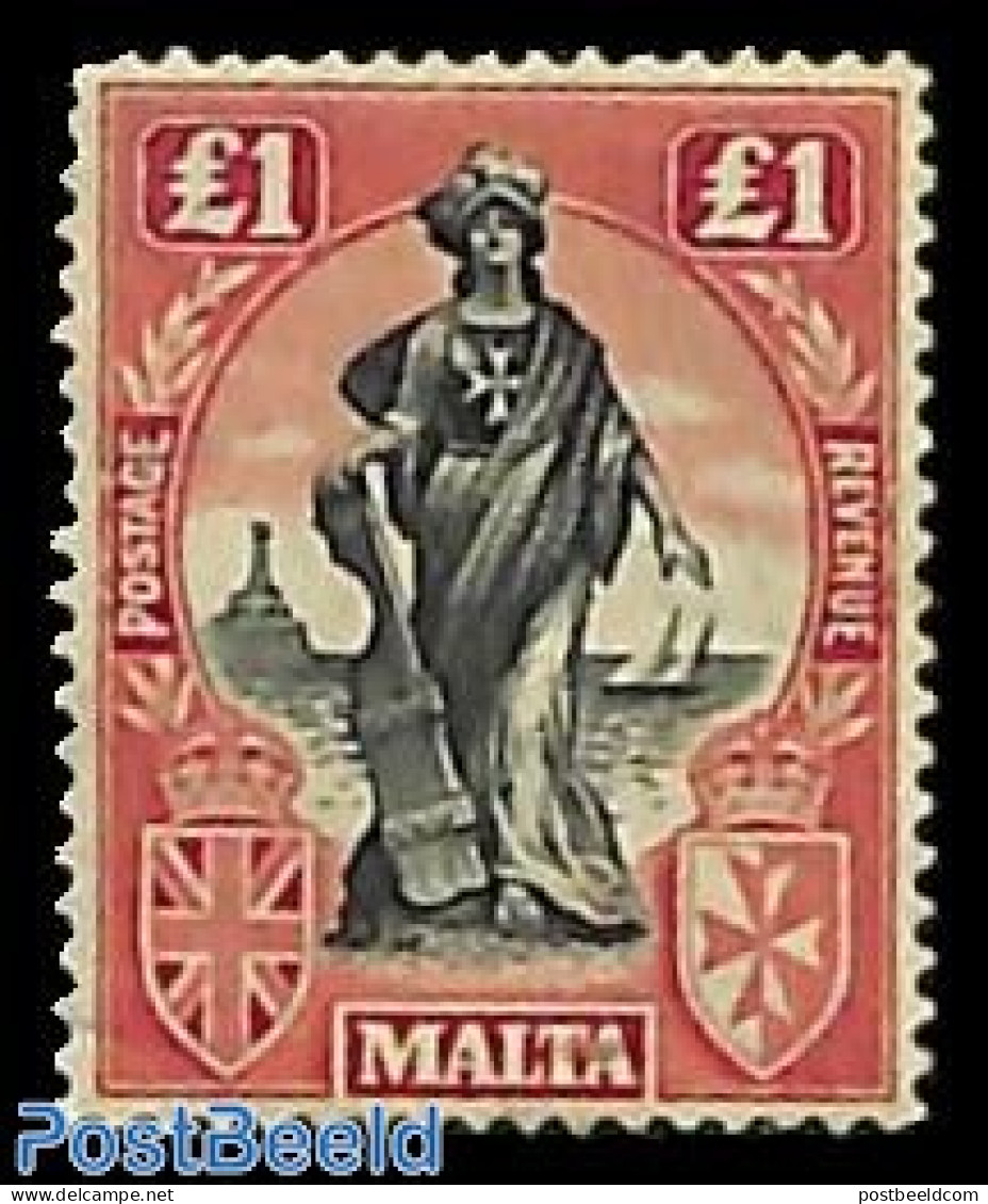 Malta 1922 1 Pound WM Sidewards, Unused (hinged) - Malte