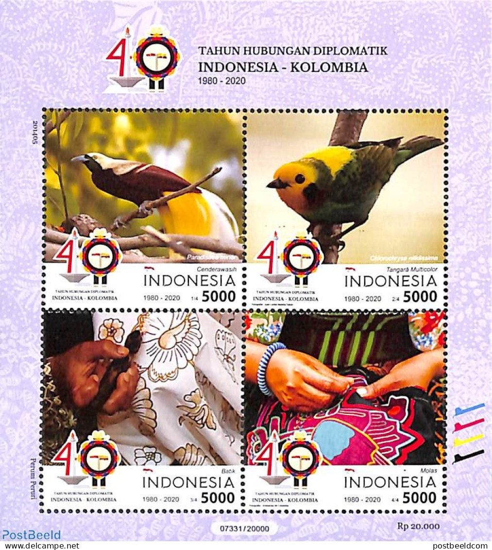 Indonesia 2020 Joint Issue Colombia S/s, Mint NH, Nature - Various - Birds - Joint Issues - Textiles - Emisiones Comunes