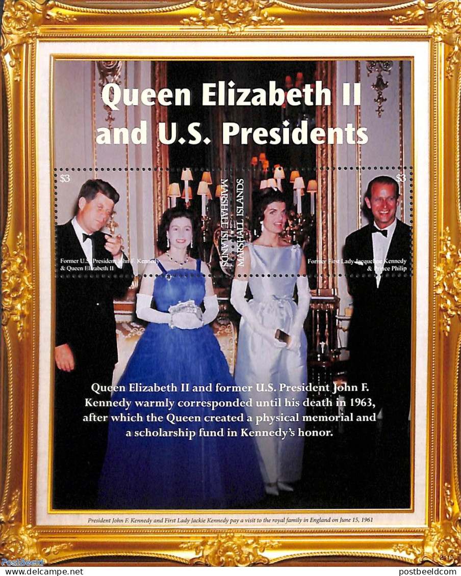 Marshall Islands 2021 Queen Elizabeth II With Pres. Kennedy S/s, Mint NH, History - American Presidents - Kings & Quee.. - Königshäuser, Adel