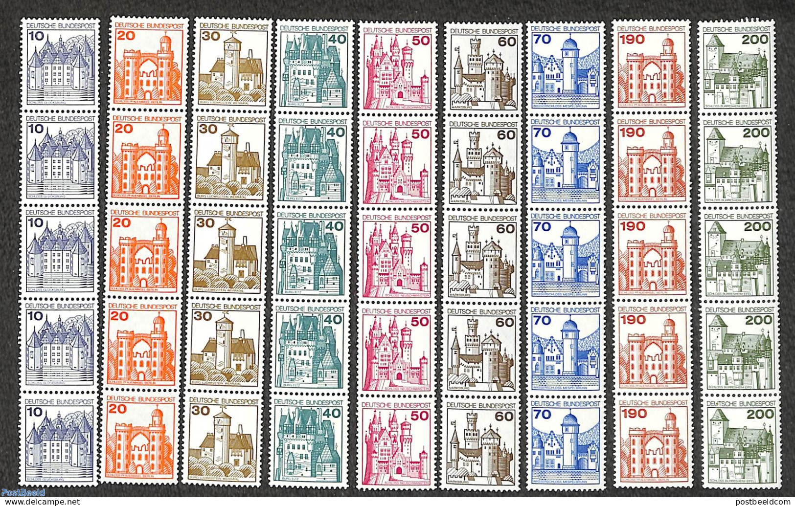 Germany, Berlin 1977 Definitives, 9v, Strips Of 5 With Number On Reverse, Mint NH, Art - Castles & Fortifications - Ungebraucht