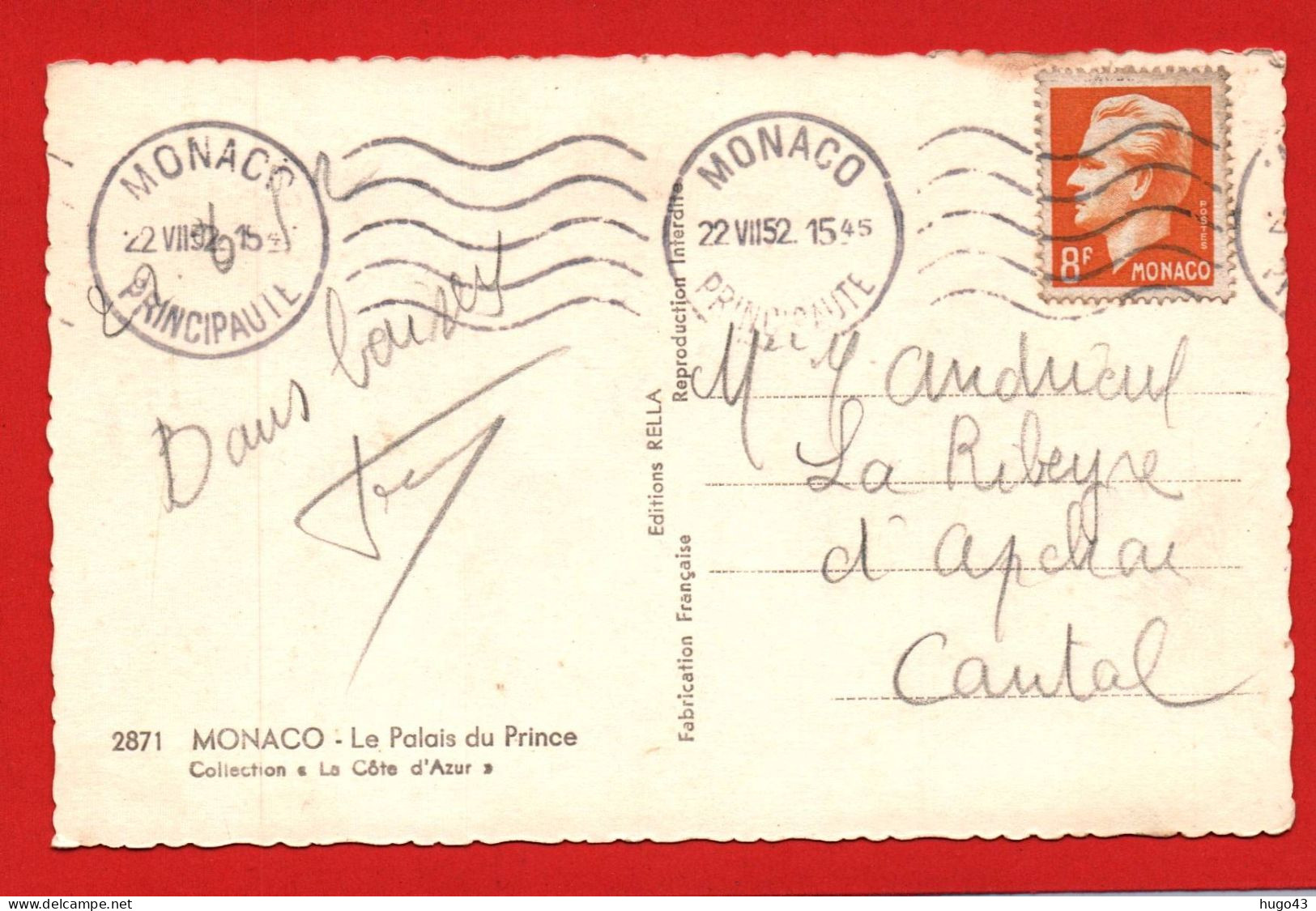 (RECTO / VERSO)  MONACO EN 1952 - LE PALAIS DU PRINCE - BEAU TIMBRE DE MONACO ET CACHET - FORMAT CPA - Prince's Palace