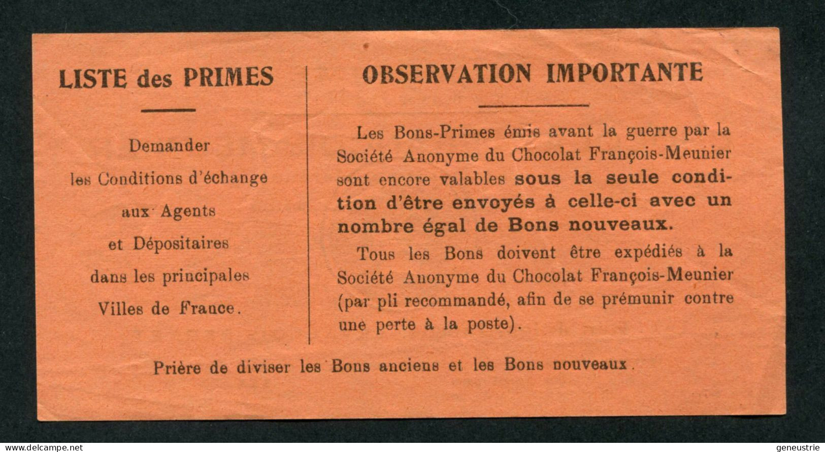 WWII - Bon-Prime 1940 "Chocolat François-Meunier - 141, Rue Jules Guesde à Levallois-Perret" Monnaie De Nécessité WW2 - Monétaires / De Nécessité