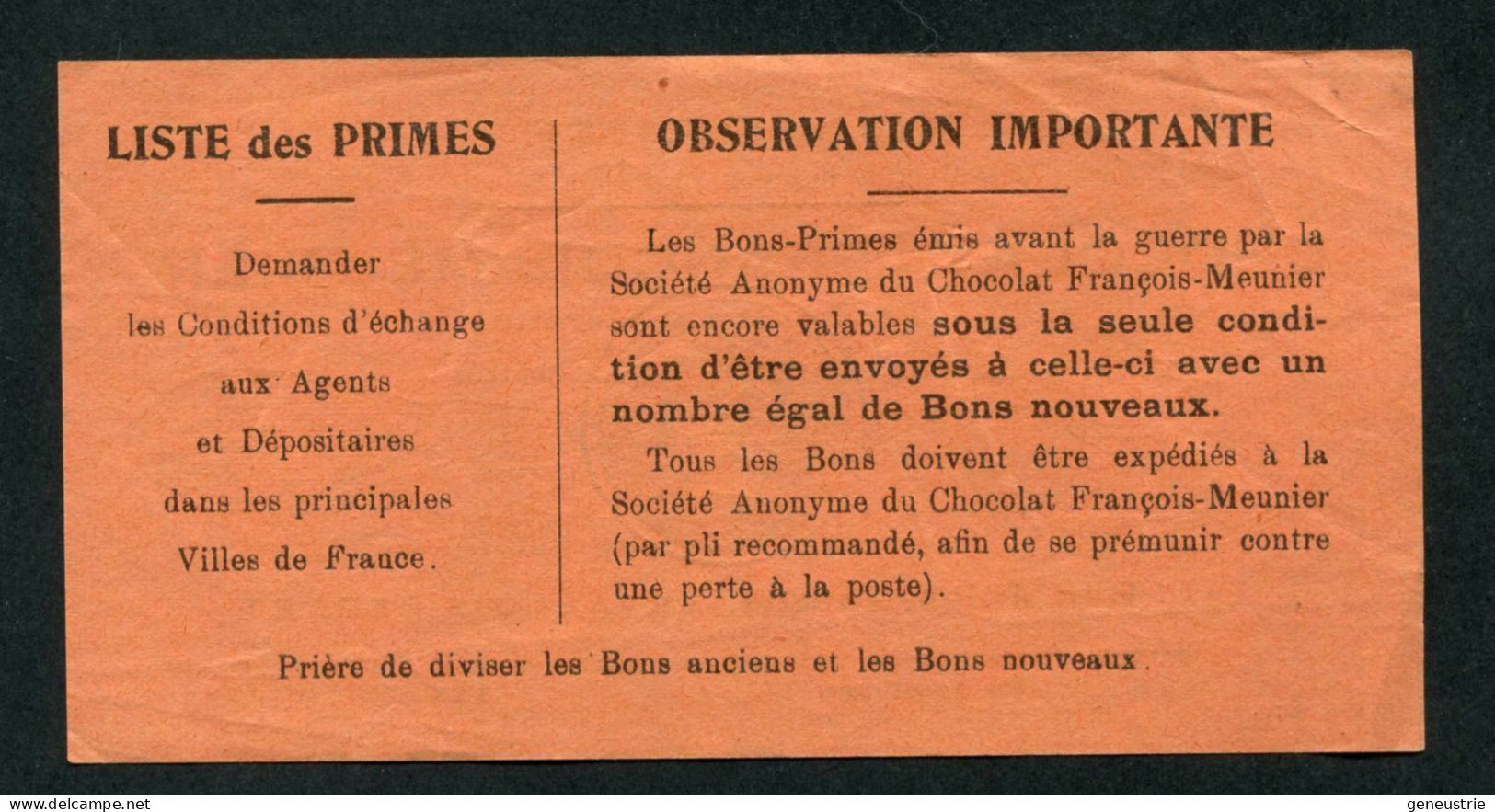 WWII - Bon-Prime 1942 "Chocolat François-Meunier - 130, Rue D'Aubervilliers à Paris" Monnaie De Nécessité WW2 - Monedas / De Necesidad