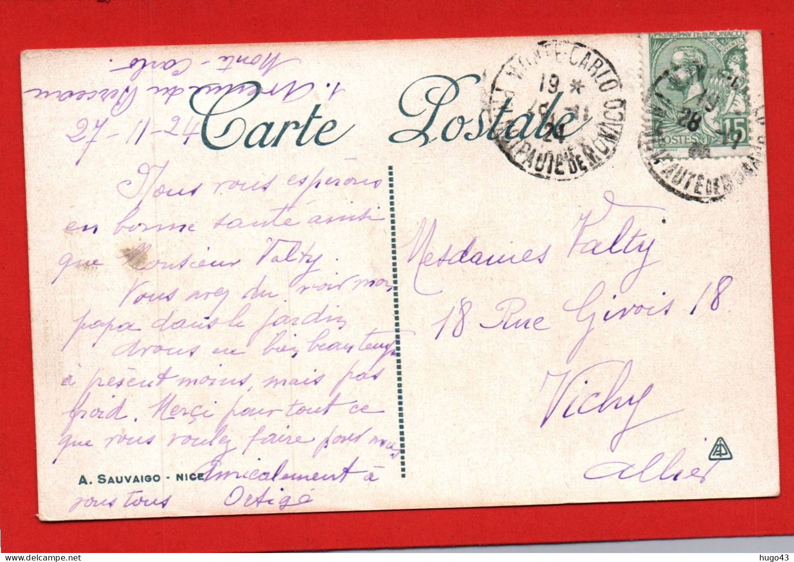 (RECTO / VERSO)  MONTE CARLO EN 1924 - N° 121 - VUE GENERALE PRISE DE BEAUSOLEIL - BEAU TIMBRE DE MONACO - CPA COULEUR - Porto