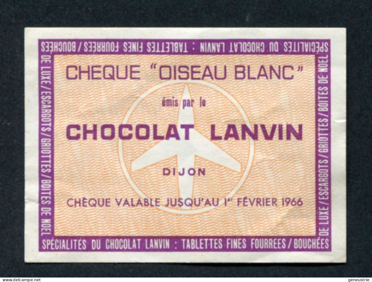 Monnaie Carton Nécessité - Chèque 1966 "Oiseau Blanc émis Par Le Chocolat Lanvin - Dijon" Côte D'Or - Monetary / Of Necessity