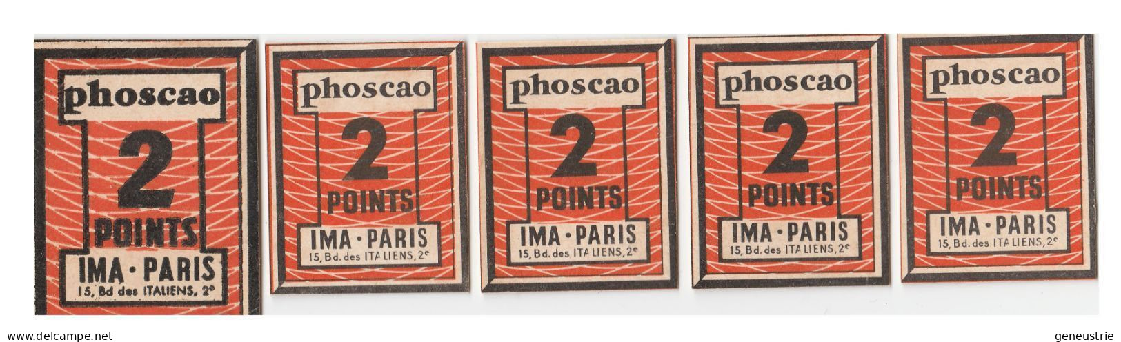 Lot De 5 Jeton-carton / Bon Prime Chocolat Années 50 "Phoscao 2 Points - IMA 15, Bd Des Italiens Paris 2e" - Monétaires / De Nécessité