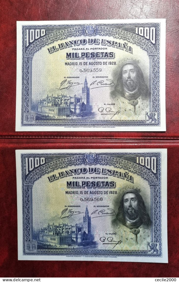 2x SEQUENTIAL NUMBER SPAIN BANKNOTE 1000 PESETAS 1928 UNCIRCULATED AUNC+ BILLETE ESPAÑA SC-*COMPRAS MULTIPLES CONSULTAR* - 1000 Peseten