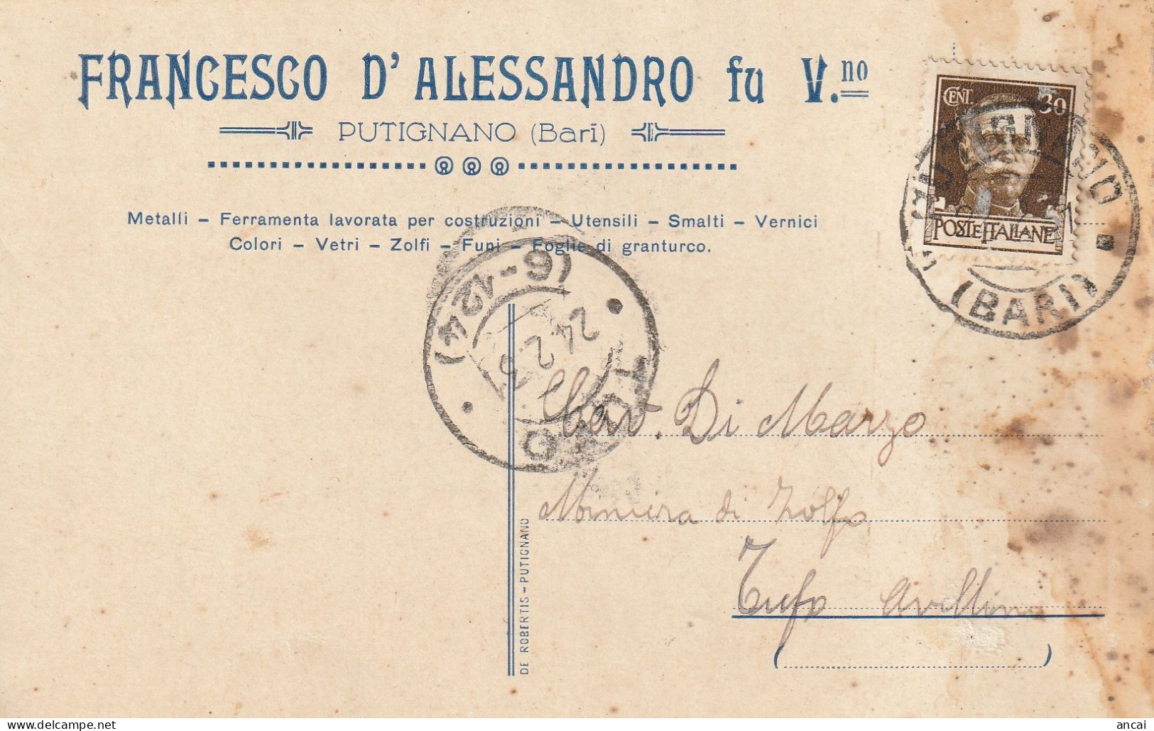 Italy. A207. Putignano. 1931. Annullo Guller PUTIGNANO (BARI) Su Cartolina PUBBLICITARIA ... METALLI - FERRAMENTA .... - Poststempel