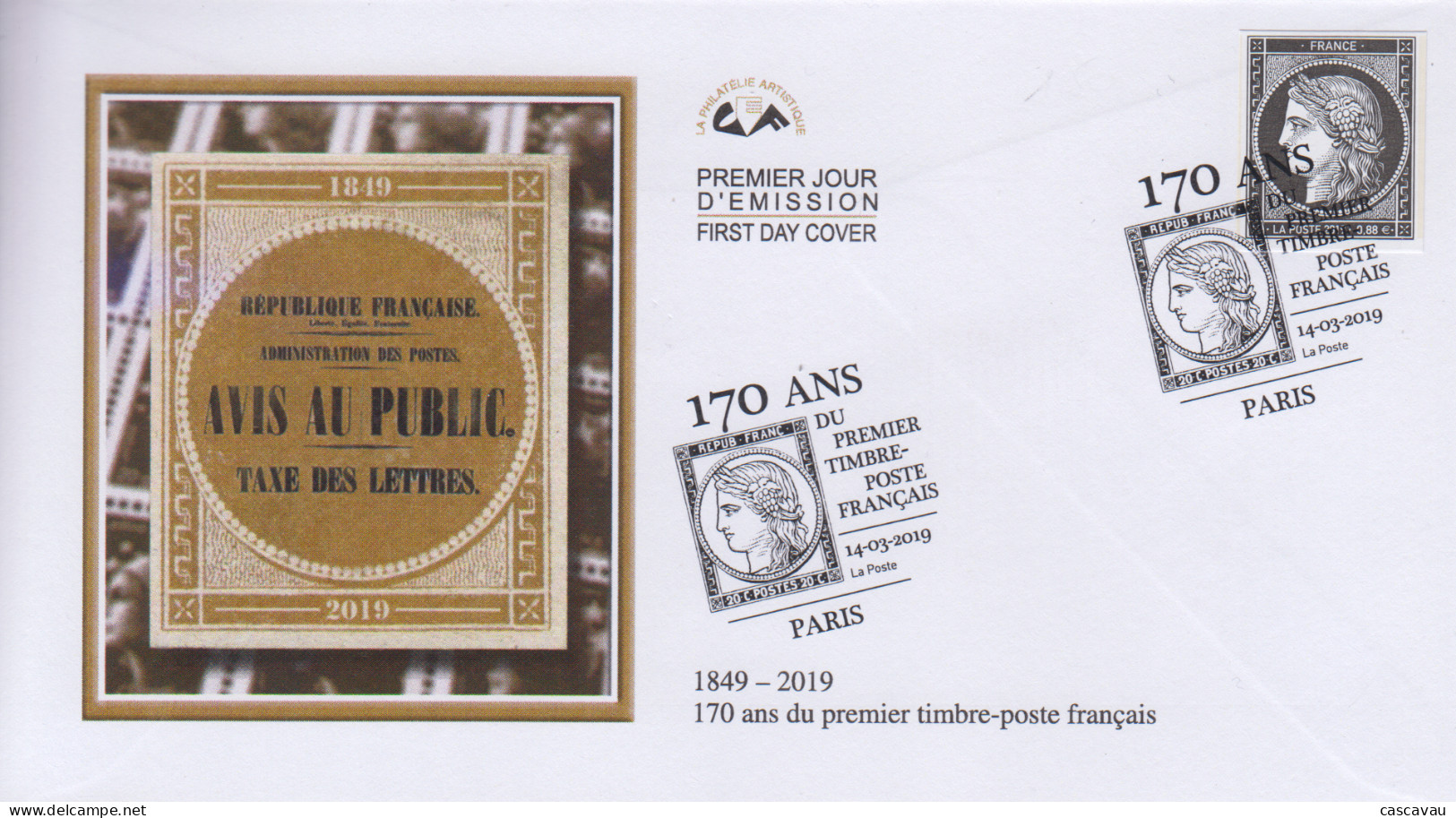 Enveloppe  FDC   1er  Jour   FRANCE   CERES   170  Ans  Du  Premier  Timbre - Poste  Français    2019 - 2010-2019