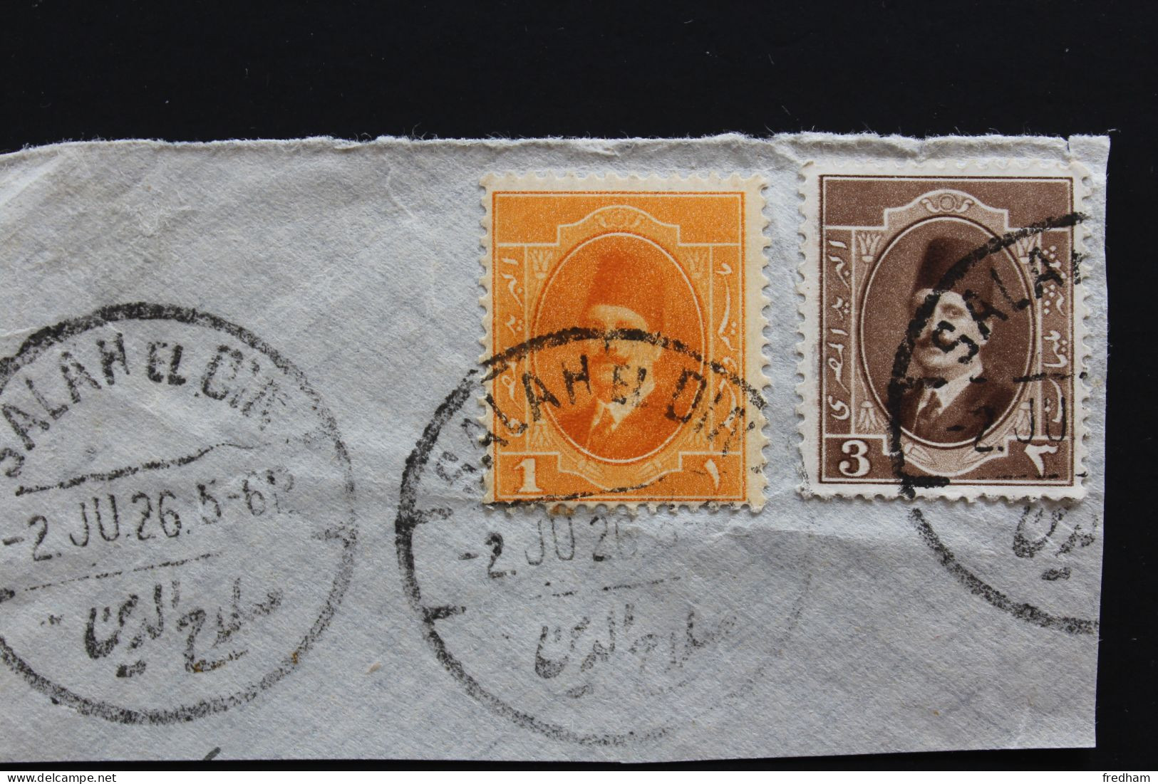1926 CACHET SALAH EL DIN DU 2 JU.26 SUR Y&T NO EG 82 ET 84  ROI FOUAD I 2M ORANGE  ET 3M BRUN  SUR FRAGMENT.. - Used Stamps