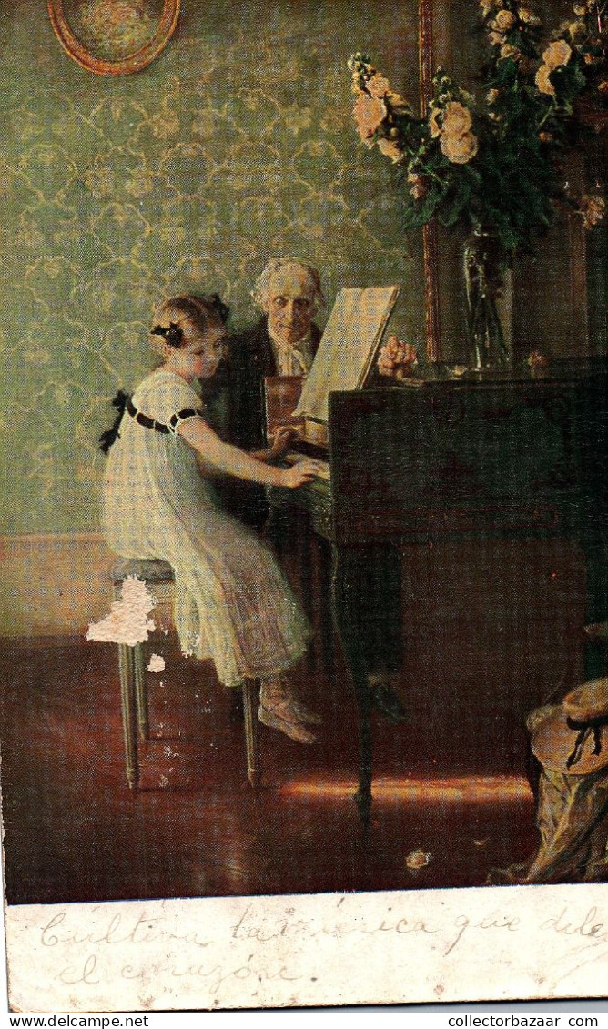 Girl Playing Clave Postcard German Edition J A Muenier Klavierstunde - Music And Musicians