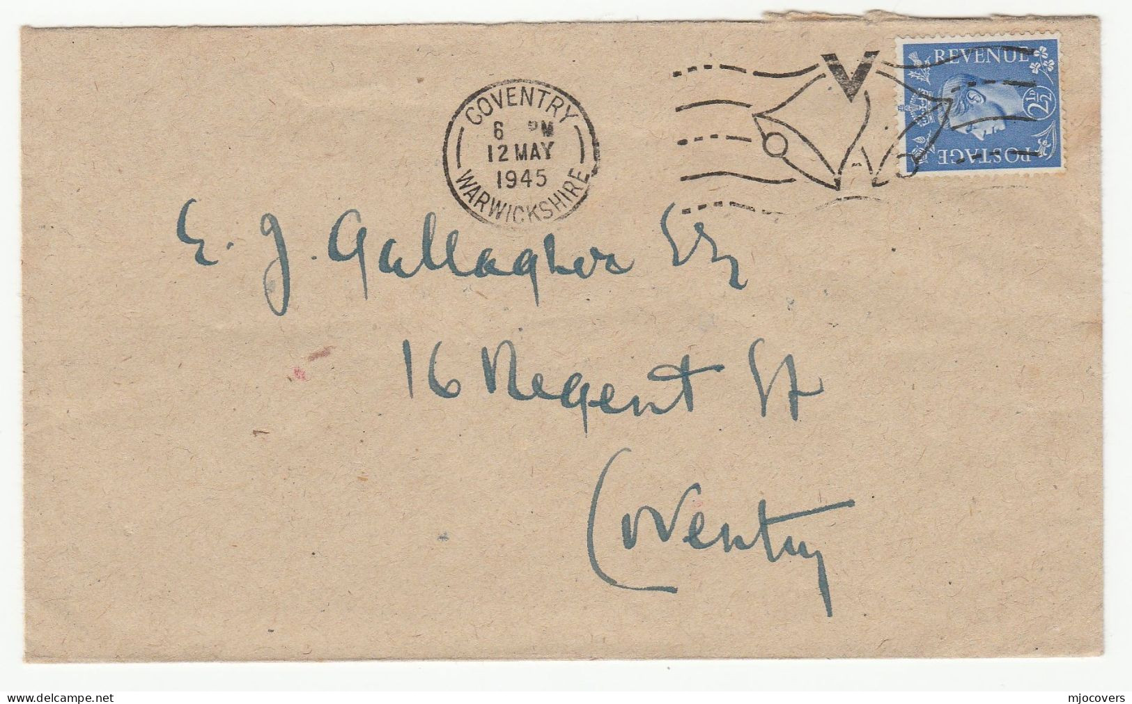 WWII Victory 1945 GB Cover 'V' Victory BELLS Slogan Coventry GB Gvi Stamps - Covers & Documents