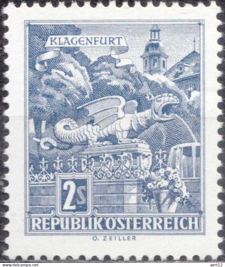 1968, Austria, Wyvern Fountain, Klagenfurt, Buildings, Dragons, Fountains, Sculptures, MNH(**), Mi: 1256 - Unused Stamps