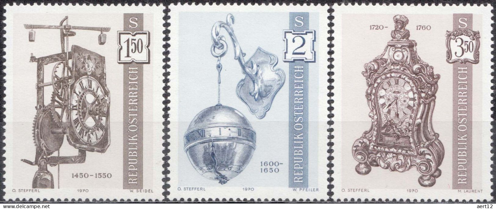 1970, Austria, Clocks, Crafts, MNH(**), Mi: 1328-1330 - Unused Stamps