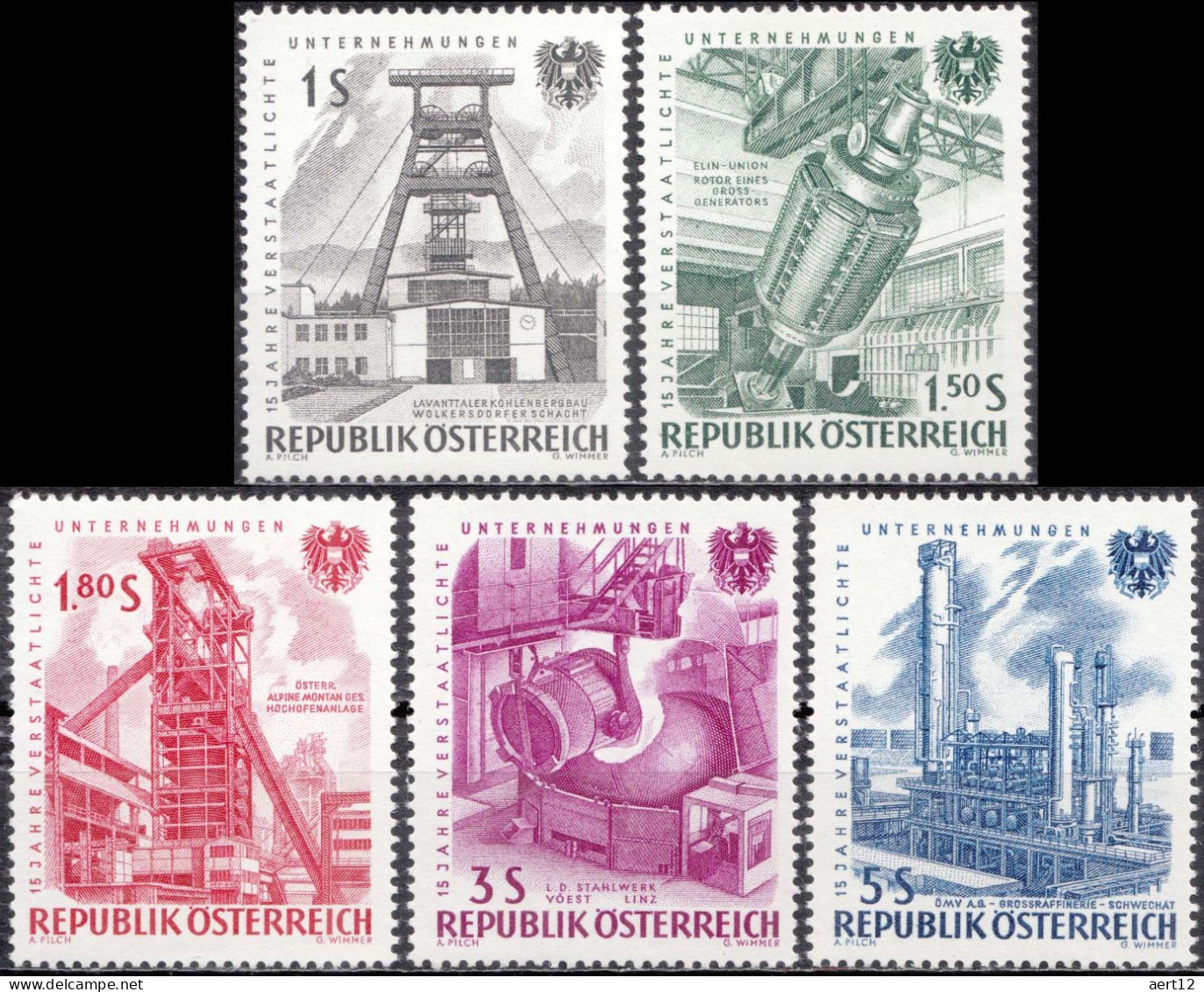 1961, Austria, State Companies, Coats Of Arms, Cranes (Machines), Energy, Heraldic Animals, MNH(**), Mi: 1092-1096 - Neufs