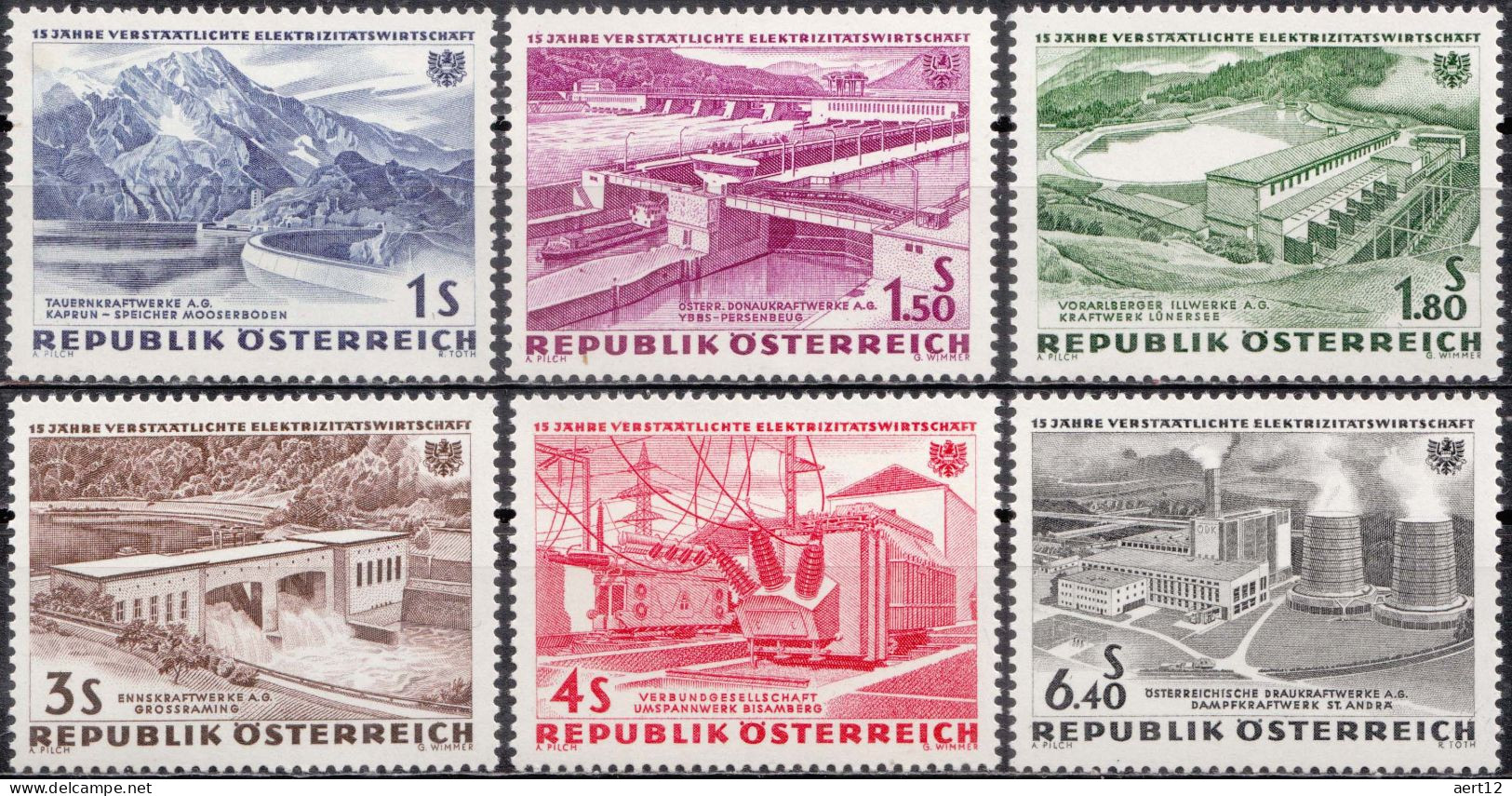 1962, Austria, Electricity Industry, Dams, Electricity, Energy, Industry, MNH(**), Mi: 1103-1108 - Unused Stamps
