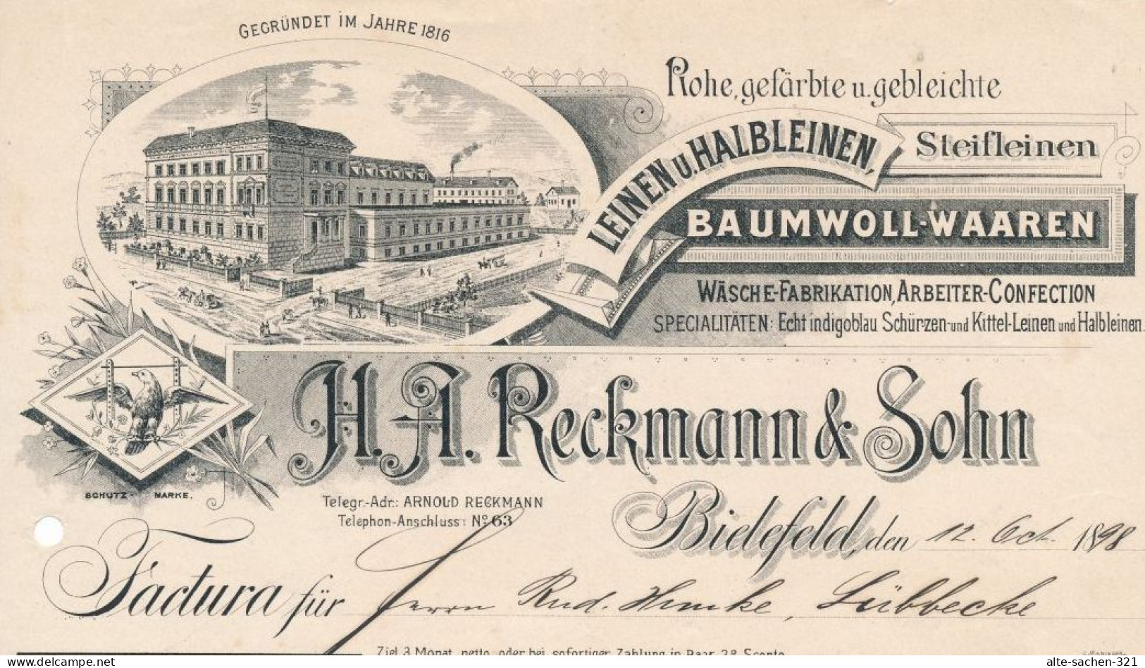 1898 Rechnung Reckmann & Sohn Leinen- Und Baumwoll-Wäschefabrik Bahnhofstraße Bielefeld - Documentos Históricos