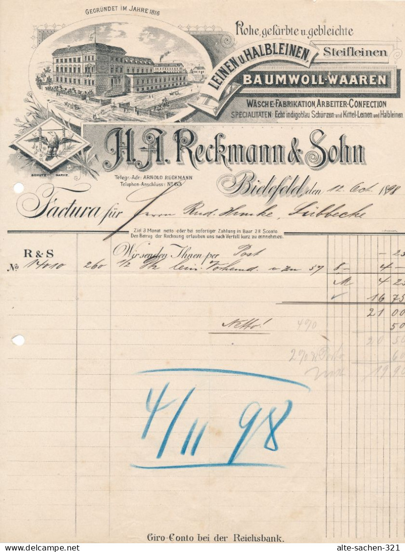 1898 Rechnung Reckmann & Sohn Leinen- Und Baumwoll-Wäschefabrik Bahnhofstraße Bielefeld - Historische Documenten