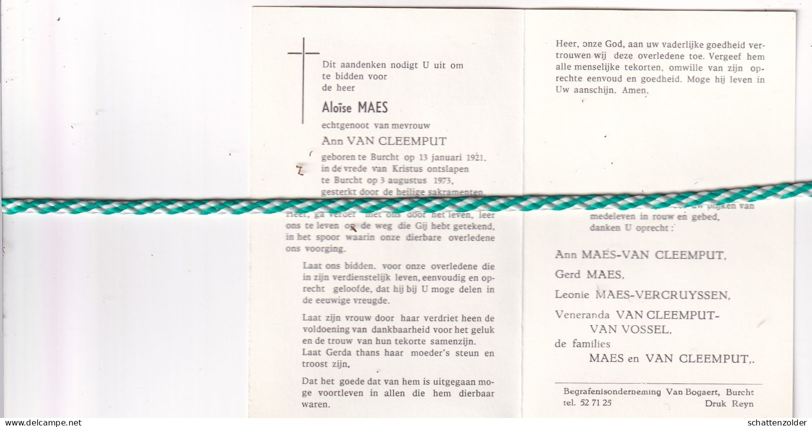 Aloïse Maes-Van Cleemput, Burcht 1921, 1973. - Avvisi Di Necrologio