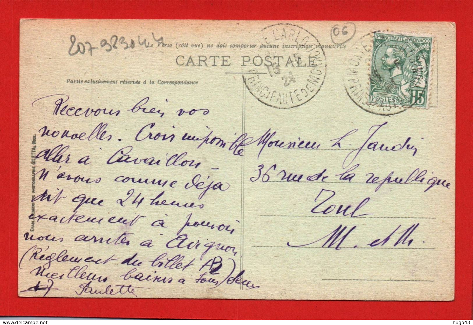(RECTO / VERSO) VILLEFRANCHE - N° 311 - LA  RADE DE L' ESCADRE  BEAU TIMBRE DE MONACO ET CACHET EN 1924 - CPA - Villefranche-sur-Mer