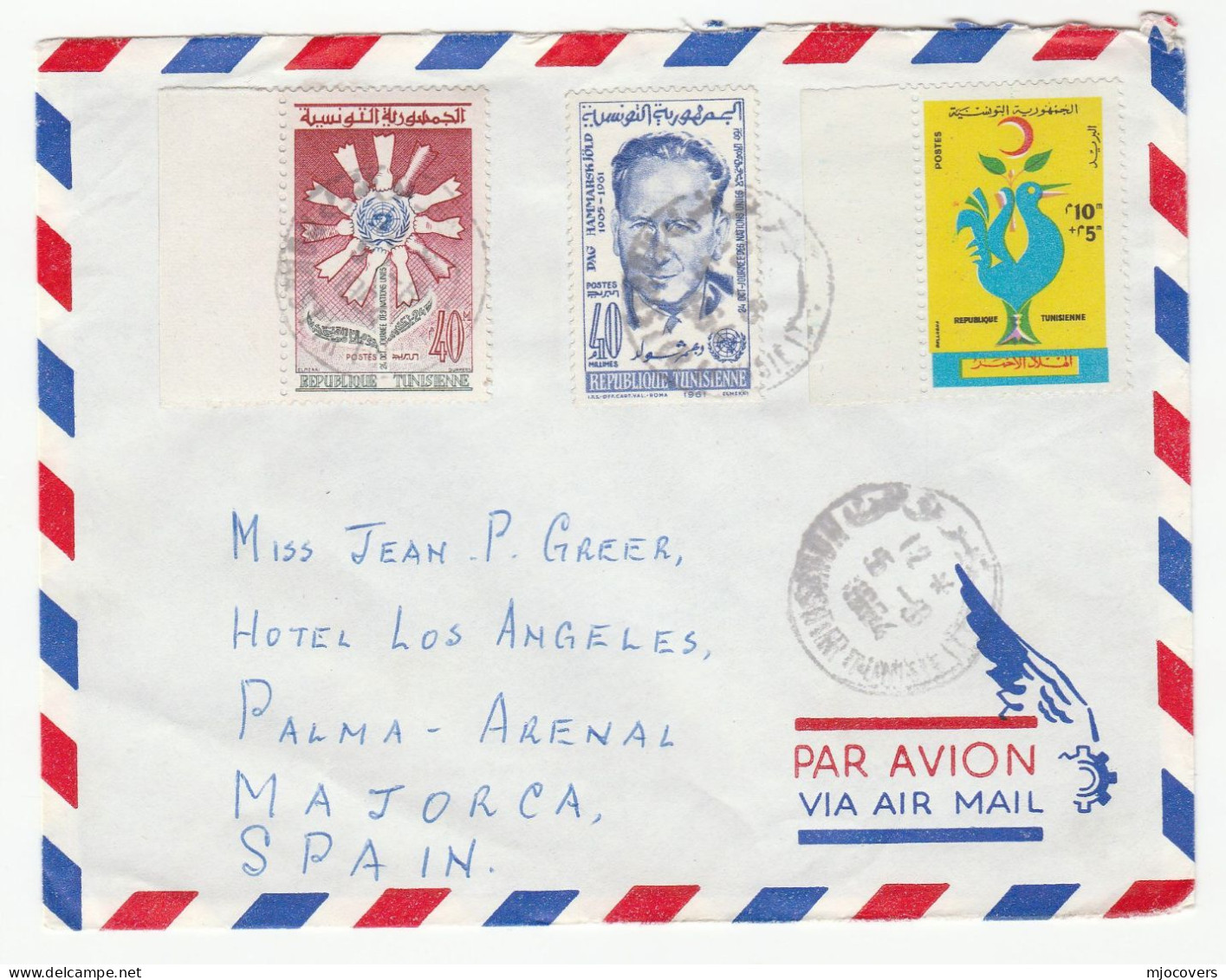 RED CRESCENT 1964 TUNISIA Stamps COVER Un United Nations  Red Cross Air Mail To Spain - Tunisia (1956-...)