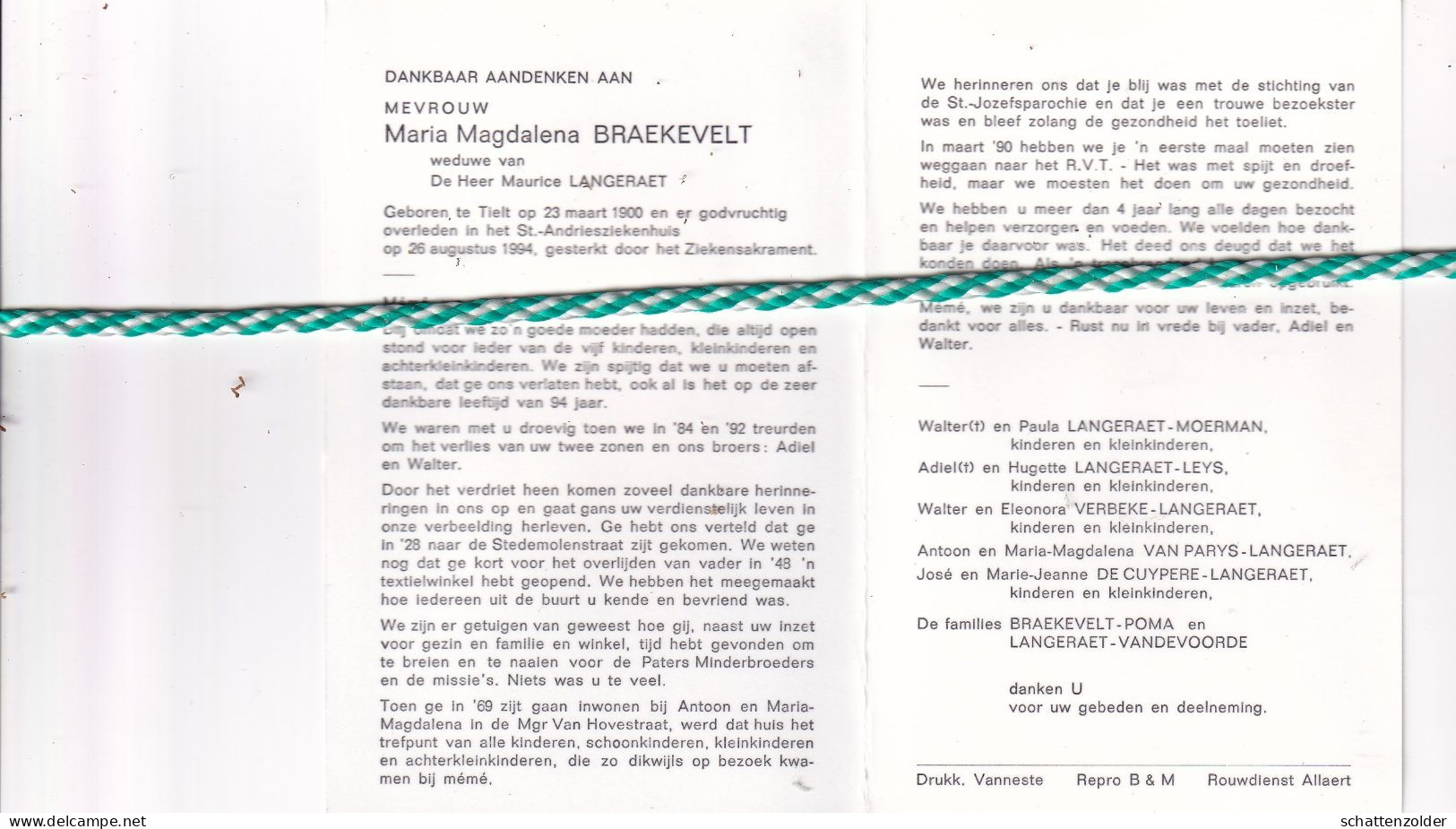 Maria Magdalena Braekevelt-Langeraert, Tielt 1900, 1994. Foto - Todesanzeige