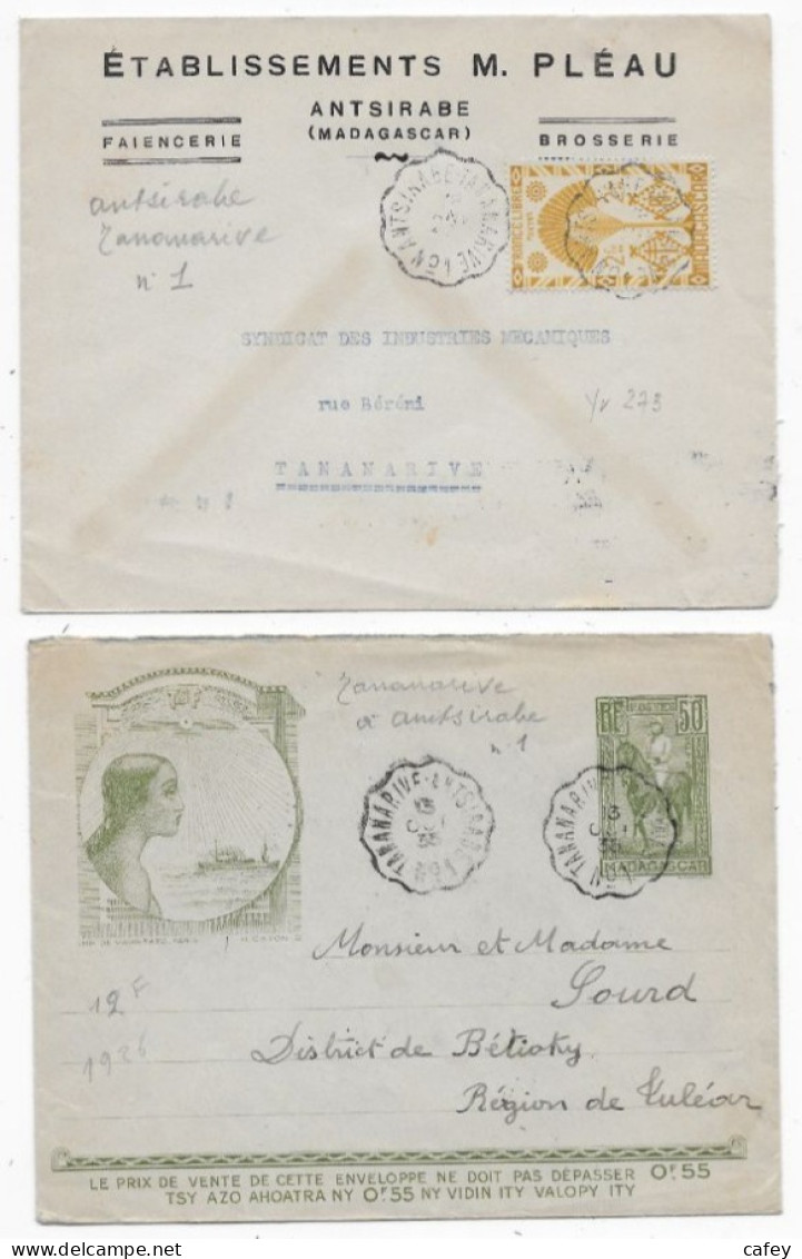 MADAGASCAR POSTE FERROVIAIRE 2 Lettres Càd Convoyeurs TANANARIVE ANTSIRABE N°1 Et ANTSIRABE TANANARIVE N°1 - Cartas & Documentos