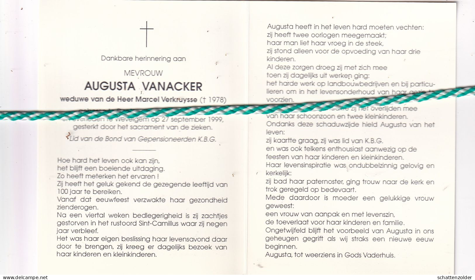 Augusta Vanacker-Verkruysse, Dentergem 1899, Wevelgem 1999. Honderdjarige. Foto - Décès