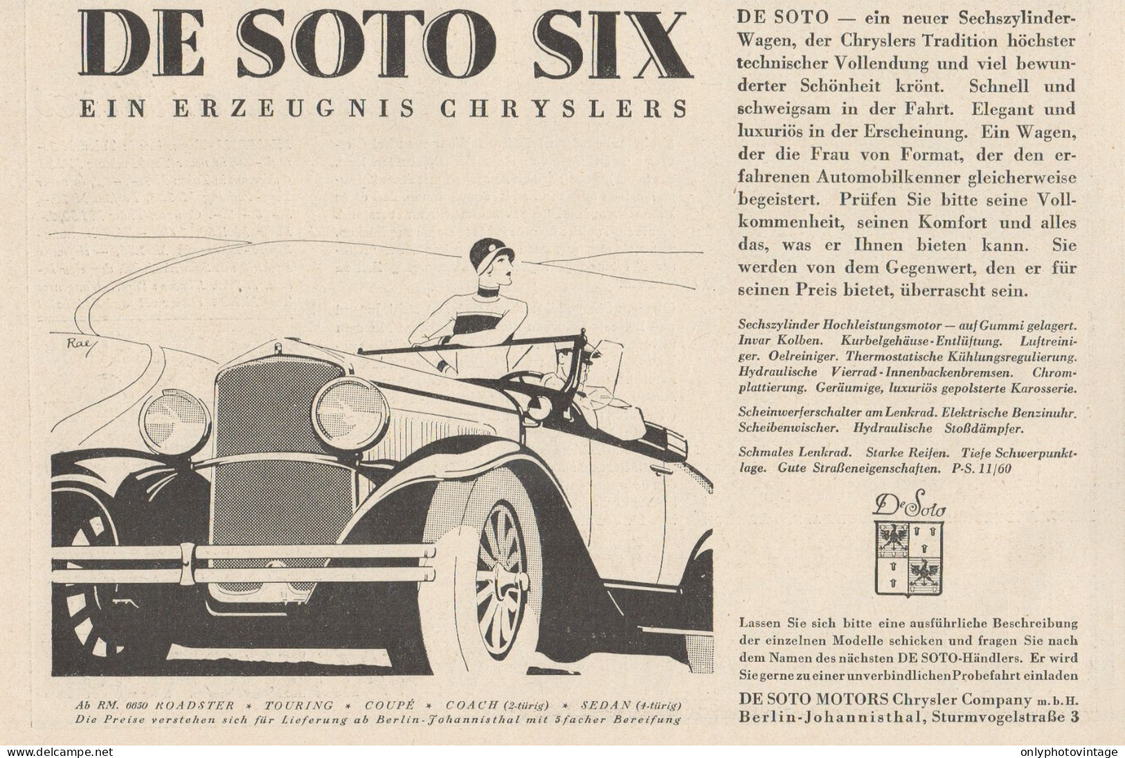 Automobile DE SOTO SIX Chrysler - Pubblicità D'epoca - 1929 Old Advert - Publicidad