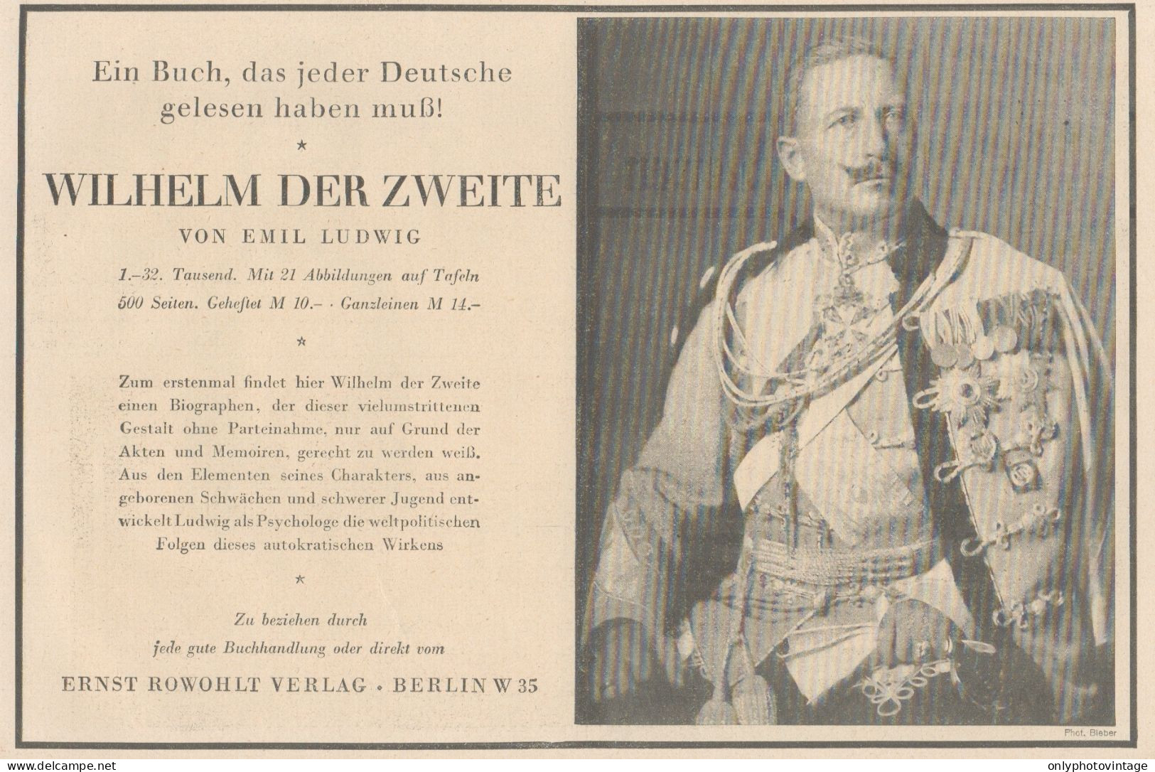 Wilhelm Der Zweite - Pubblicità D'epoca - 1925 Old Advertising - Publicités