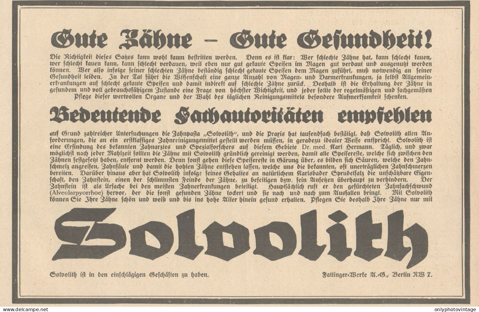 Dentifricio SOLVOLITH - Pubblicità D'epoca - 1925 Old Advertising - Publicités